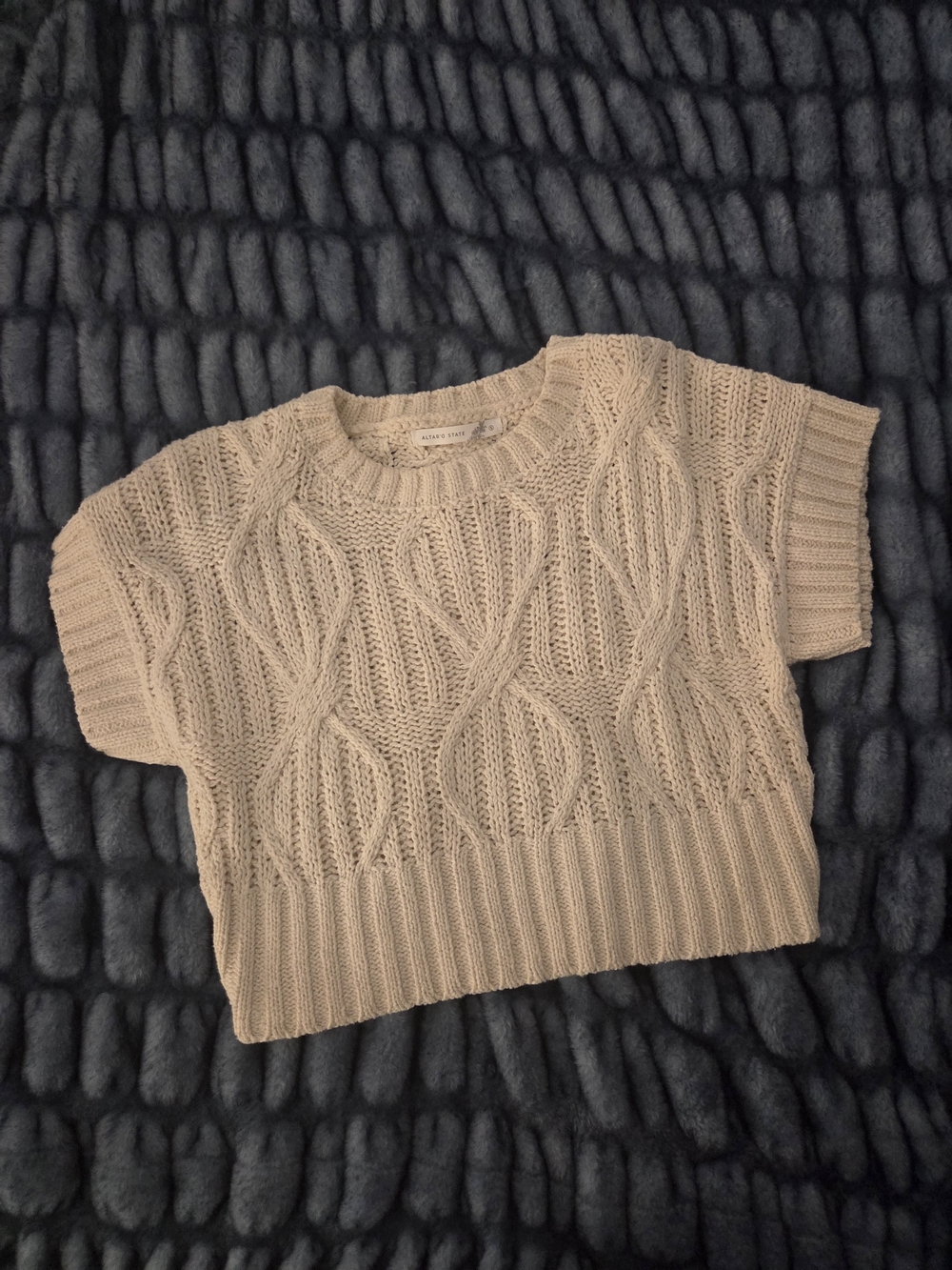 Altar'd State Cream Cable Knit Short Sleeve Sweater